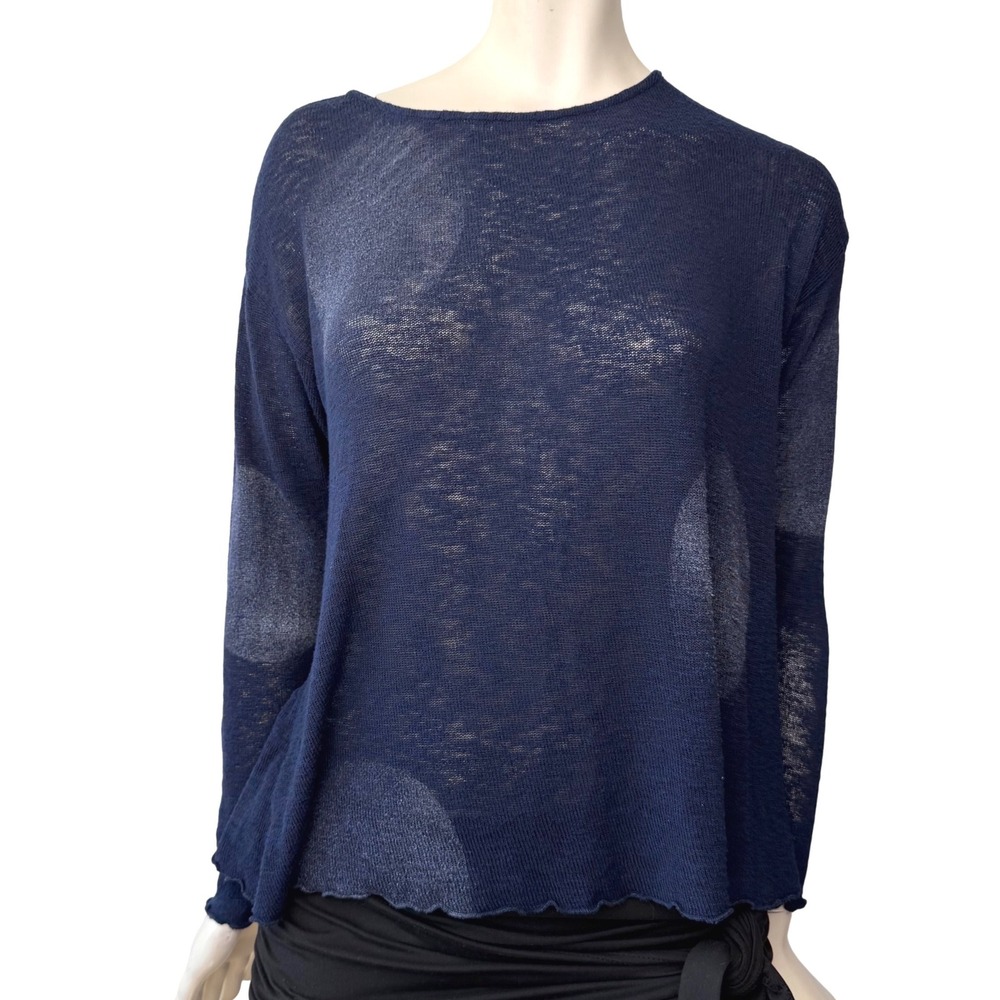 Fenini Sheer Knit Polka Dot Sweater Navy Blue Rayon Lettuce Edge Coastal Chic XS